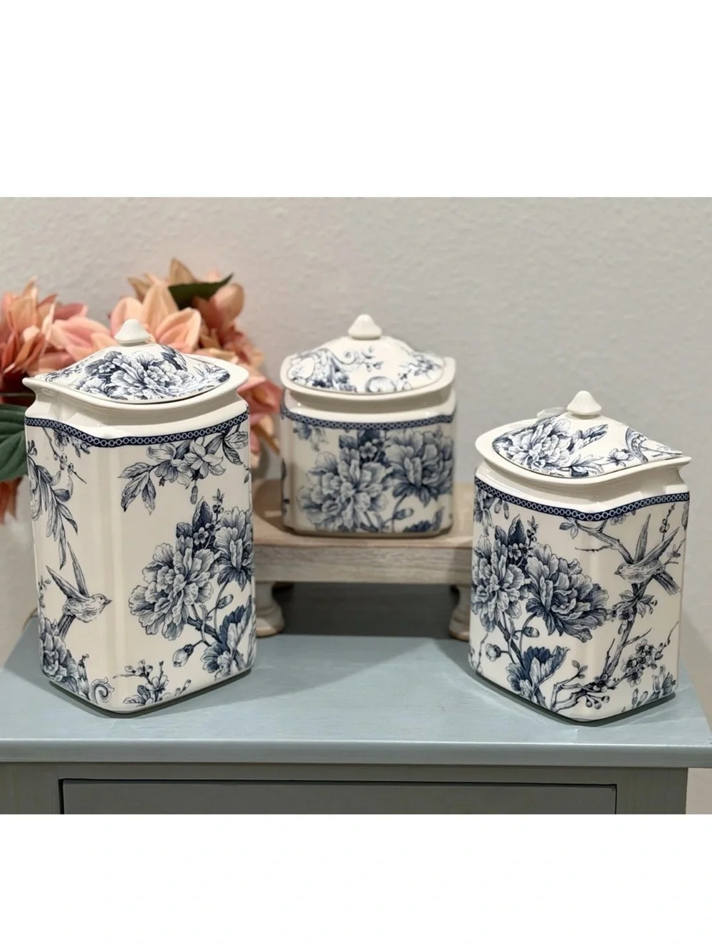 Set (3) 222 Fifth Adelaide Blue Bird Floral Canisters on White Background ~New~
